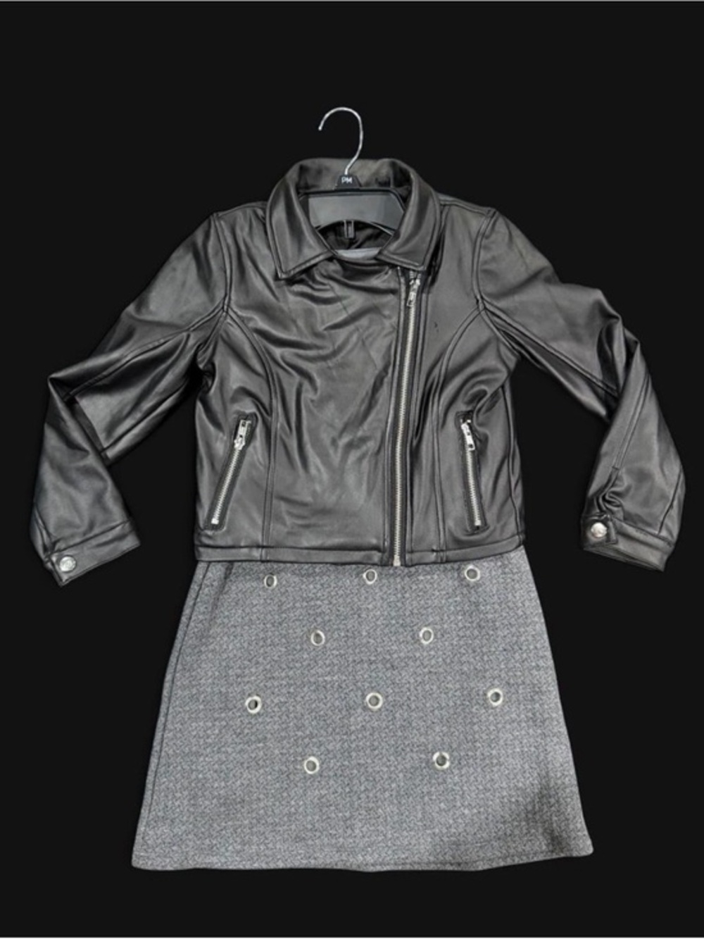 Tiny Rebel Duo: Kidpik Black Moto Jacket + Grey Grommet Skirt -  Size 7/8